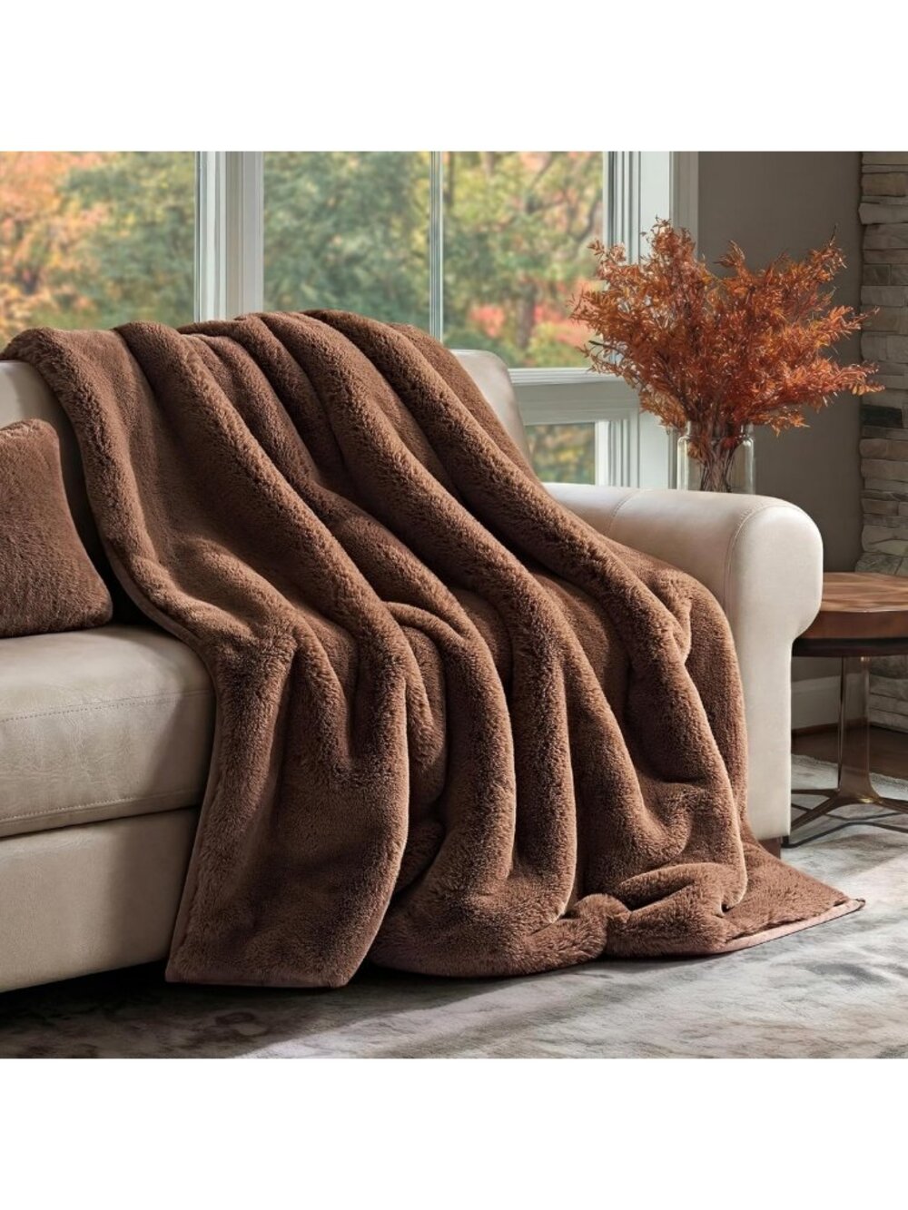 Cozy Faux Chinchilla Fur Throw Blanket, 50"x60", Soft Chestnut Mink Color